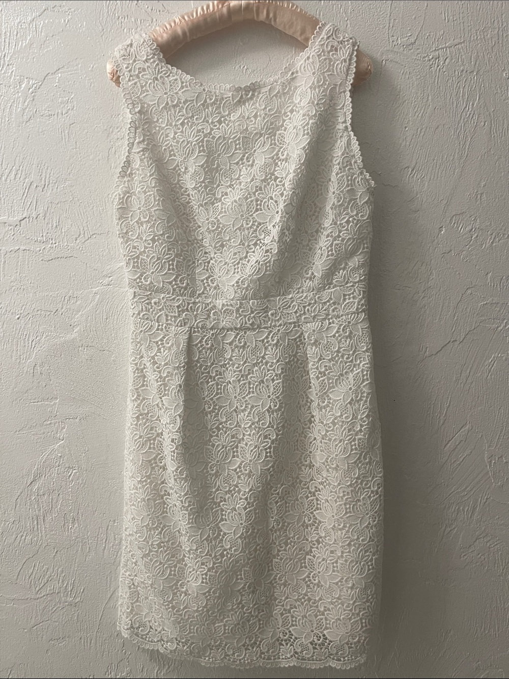 Sleeveless White Lace Sheath Dress, Size 4